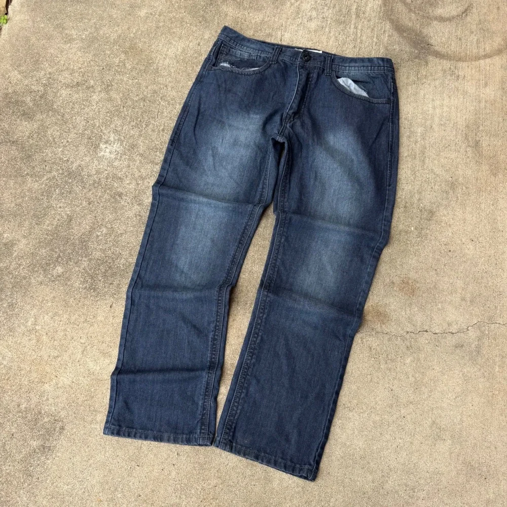 Vintage Brass Men Slim Straight Dark Wash Denim Jeans 34x30 Blue Embroidered